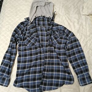 Blue Plaid Hooded Flannel Shirt